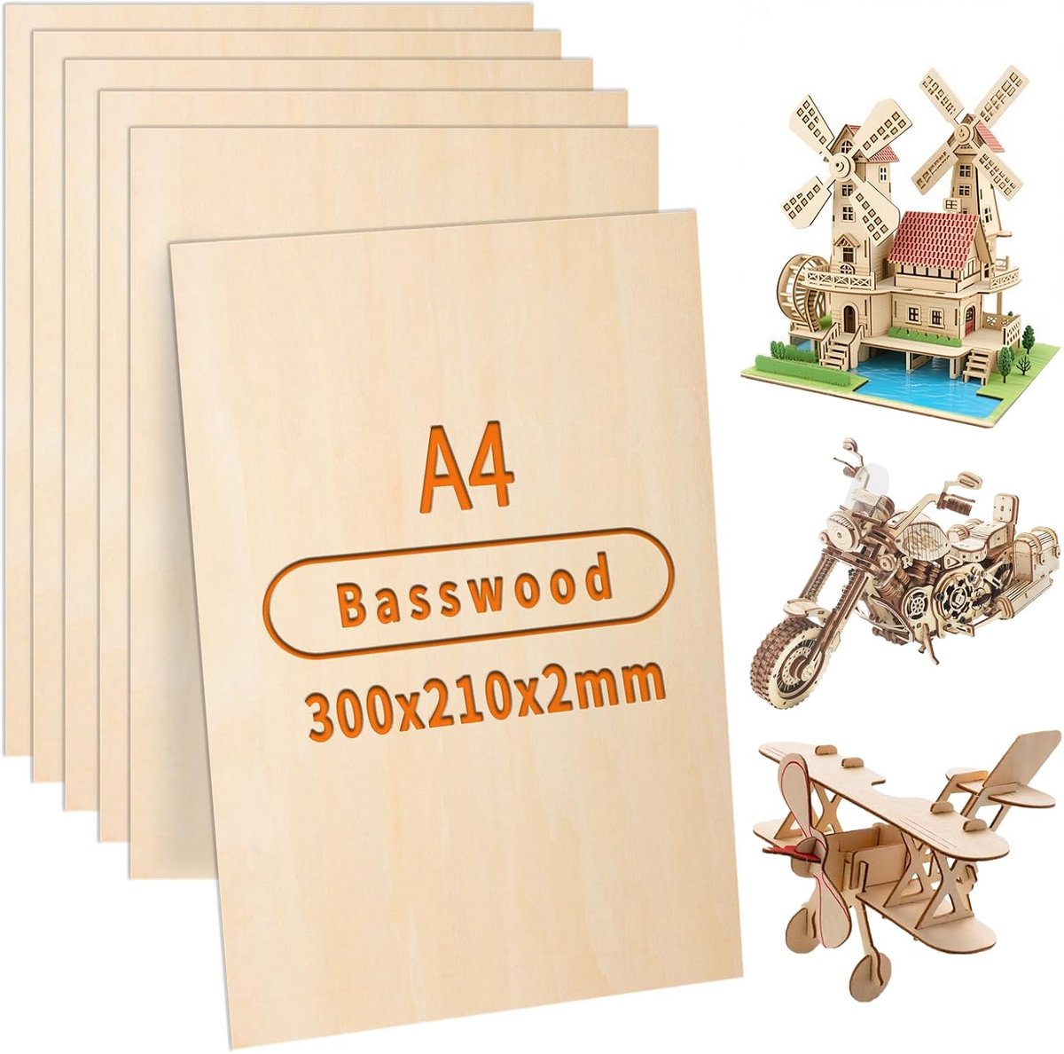 Thijox - 300x210mm Bashout Bladen 2mm Multiplex Vellen 10Pcs A3 Onbewerkt Basswood voor Ambachten, DIY Model Maken, Graveren, Schilderen en Laser Proj