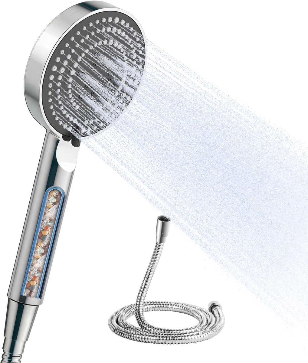 SnelShoppen - Douchekop met Anti-Kalkeer Filter, Handdouche met 6 Jetstanden, 1.6m Flexibele Slang, Grote Waterbesparende Douchekop, Chroom, Ideaal vo
