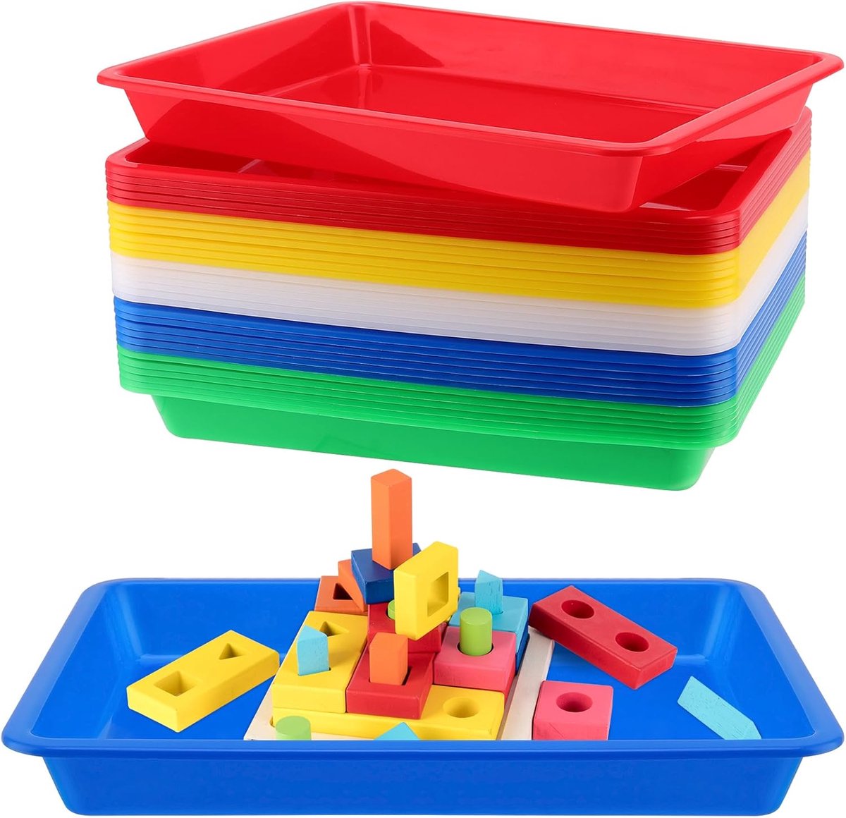 SnelShoppen - Set van 15 Kleine Rectangulaire Plastic Trays 27.5x21x3 cm, Kleurrijke Kunststof Organisatietrays voor DIY, Knutselen, Schilderen en Org