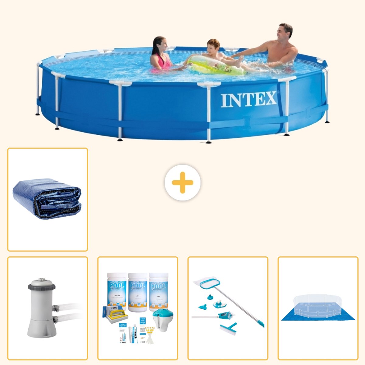 Intex Rond Frame Zwembad - 366 x 76 cm - Blauw - Inclusief Pomp - Onderhoudspakket - Schoonmaakset - Grondzeil - Solarzeil - 6-delig