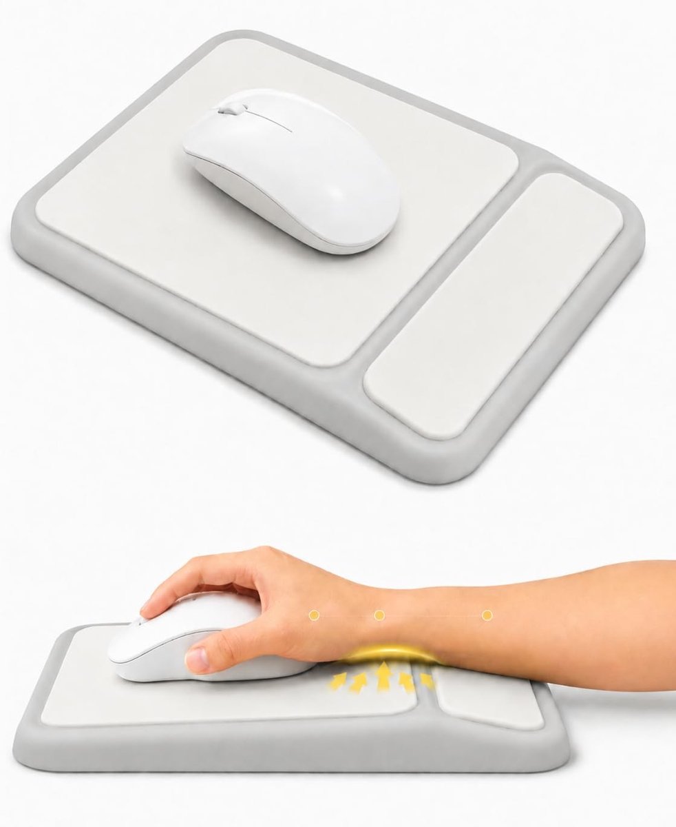 Ergonomische muismat met polssteun van traagschuim, antislip basis voor optimaal comfort tijdens kantoorwerk en gaming, lichtgrijs design