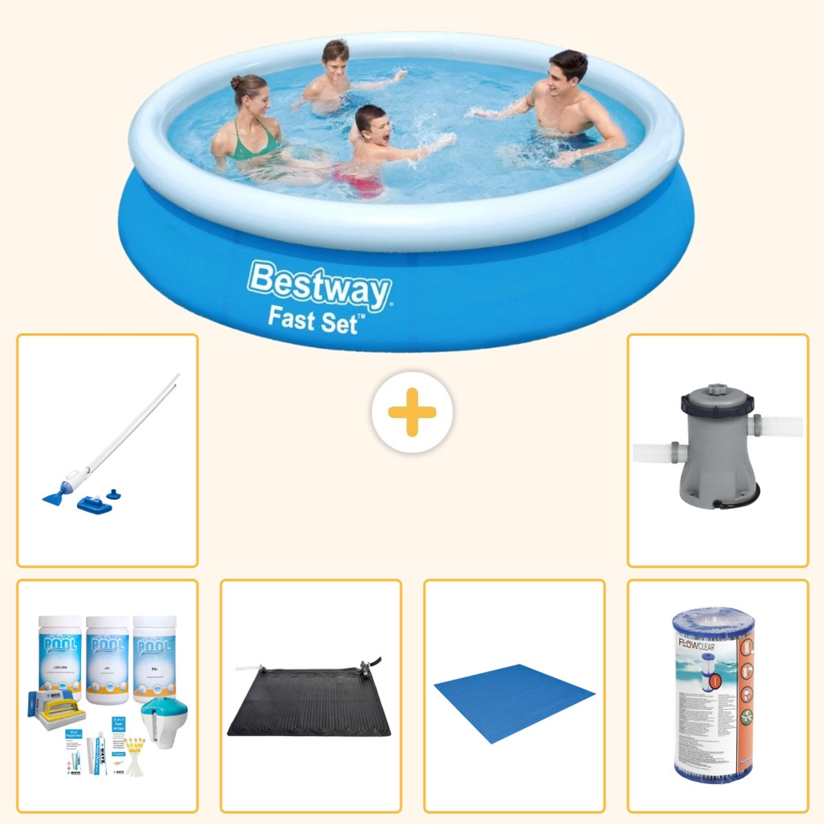 Bestway Rond Opblaasbaar Fast Set Zwembad - 366 x 76 cm - Blauw - Inclusief Onderhoudspakket - Solar Mat - Grondzeil - Filter - Stofzuiger - Zwembadfilterpomp - 7-delig