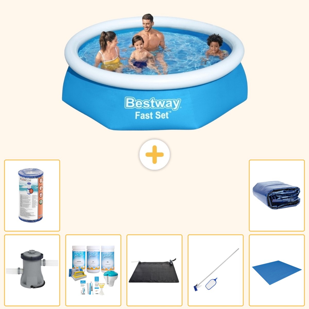 Bestway Rond Opblaasbaar Fast Set Zwembad - 244 x 61 cm - Blauw - Inclusief Pomp - Onderhoudspakket - Solar Mat - Schoonmaakset - Grondzeil - Filter - Solarzeil - 8-delig