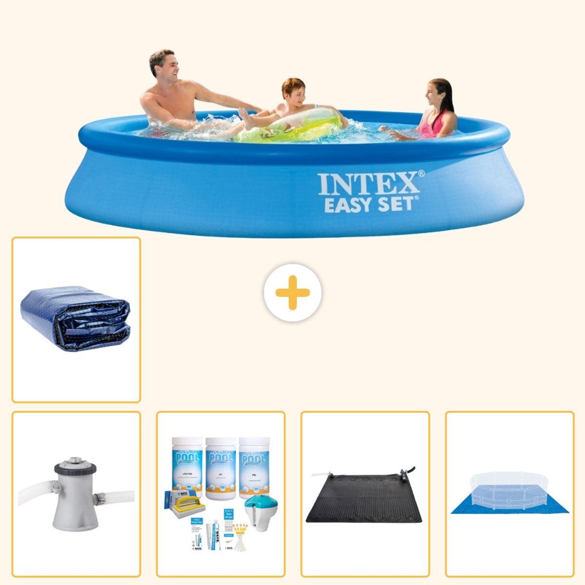 Intex Rond Opblaasbaar Easy Set Zwembad - 305 x 61 cm - Blauw - Inclusief Pomp - Onderhoudspakket - Solar Mat - Grondzeil - Solarzeil - 6-delig