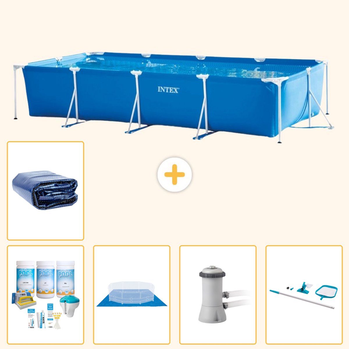 Intex Rechthoekig Frame Zwembad - 450 x 220 x 84 cm - Blauw - Inclusief Onderhoudspakket - Grondzeil - Zwembadfilterpomp - Schoonmaakset - Solarzeil - 6-delig