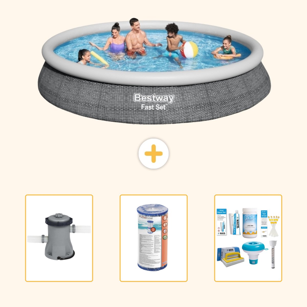 Bestway Rond Opblaasbaar Fast Set Zwembad - Rotanprint - 457 x 84 cm - Inclusief Pomp - Filter - Onderhoudspakket - 4-delig