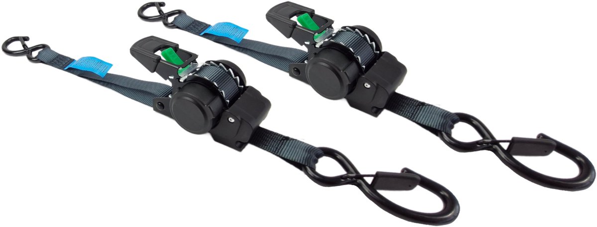 BCF-Products Automatische spanband - met S haken - 3 meter - Zwart - 2 stuks - Zelfoprollend - 25mm - Met Vergrendeling