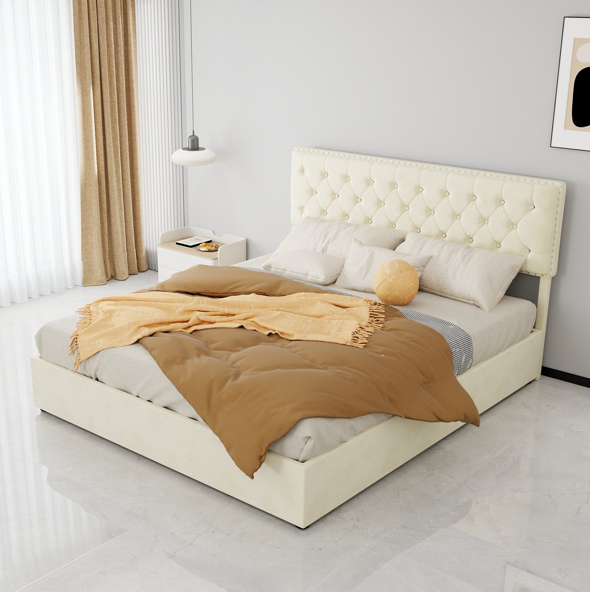 STILVORA Gestoffeerd Bed 160x200 cm – Tweepersoonsbed Met Hoog Hoofdbord – Hydraulische Opbergruimte – Slaapkamer – Beige – Zonder Matras