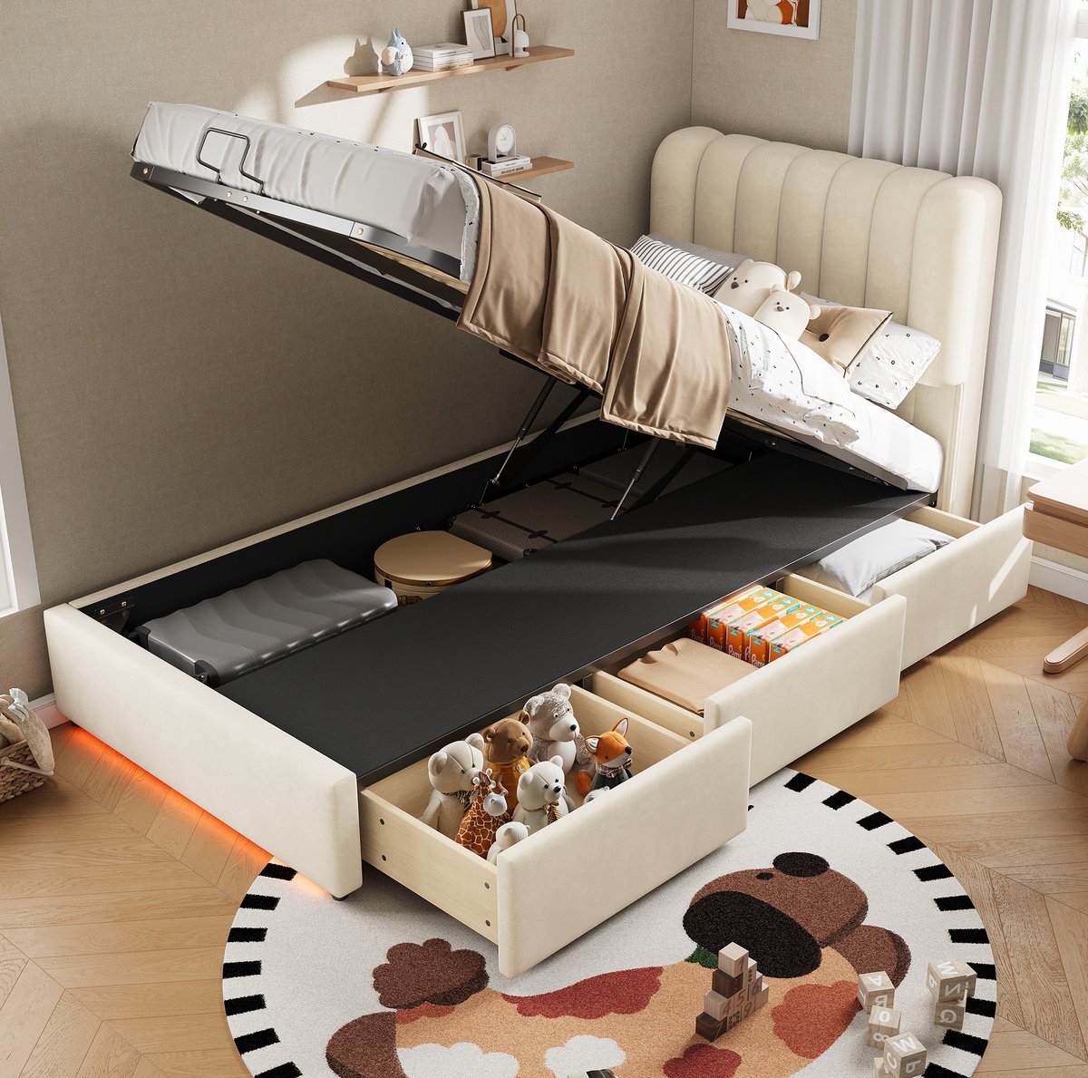 Opbergbed 90x200 cm - Met Hydraulische Opbergruimte en LED-Verlichting - 3 Lades - Kinderbed Zonder Matras - Stof - Beige