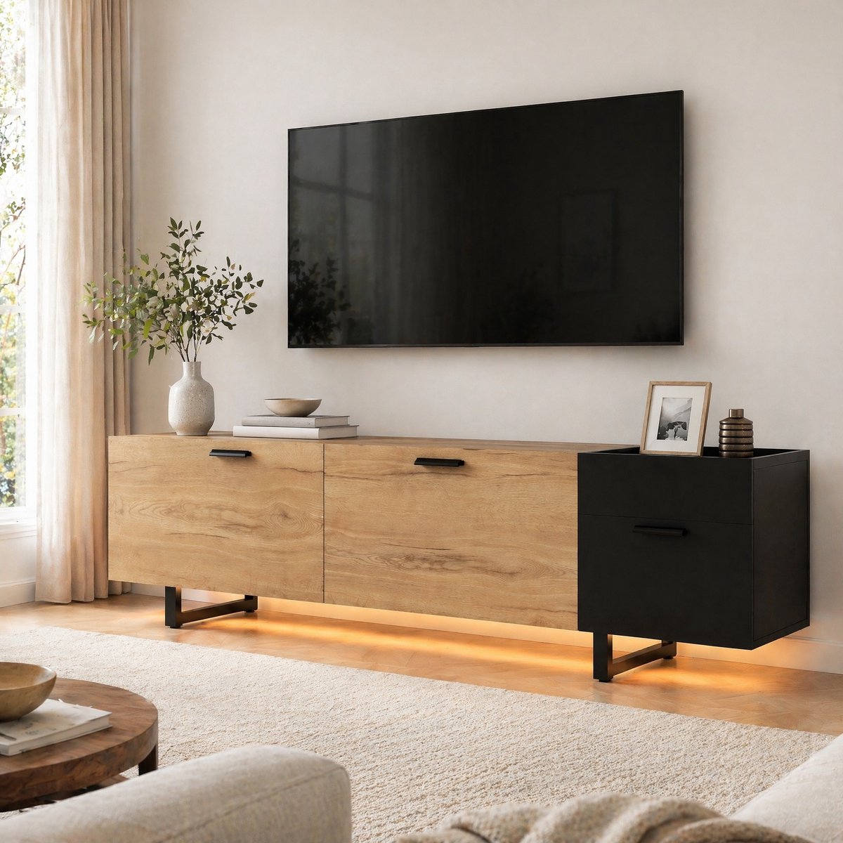COVREO TV-meubel 180 x 38 x 49 cm - zwart, houtlook, met lades, open vakken en LED