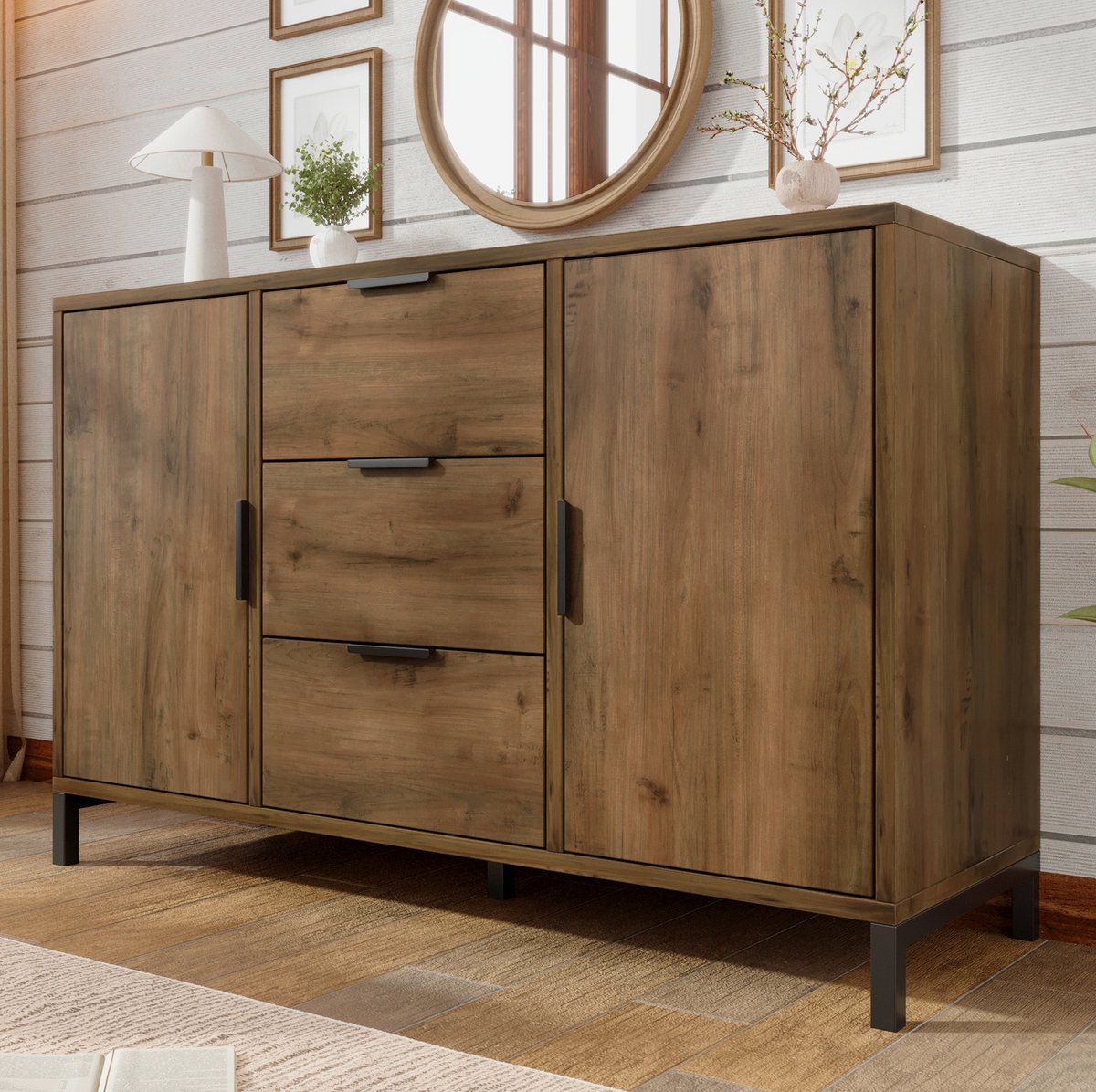 COVREO Dressoir 120 x 40 x 76 cm - 2 deuren, 3 lades, verstelbare plank, donkere eik