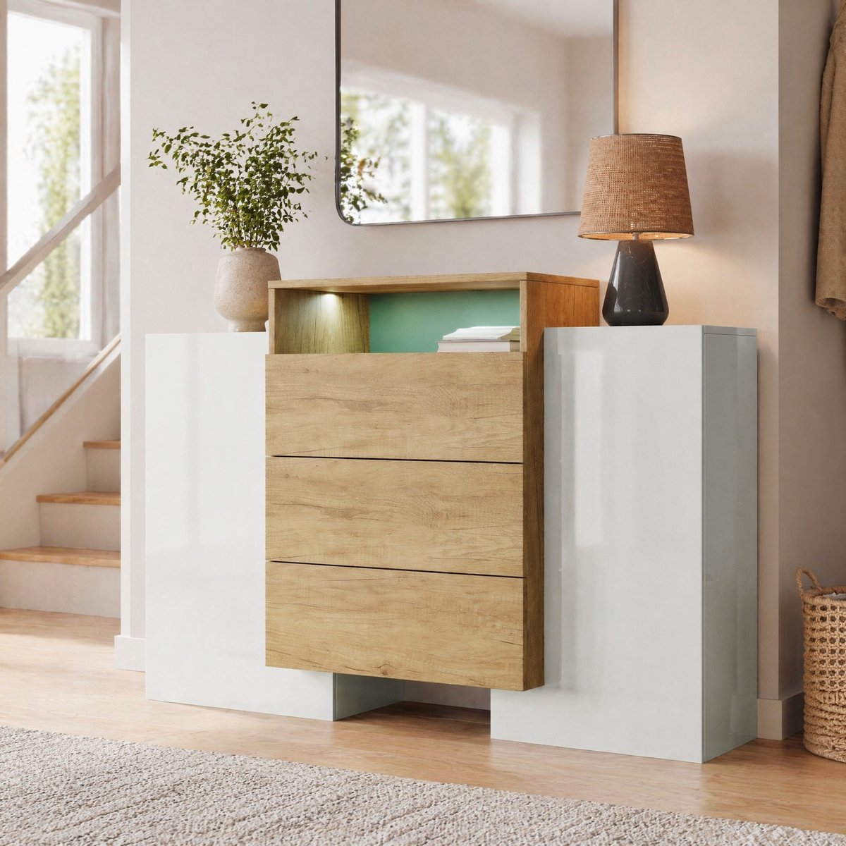 COVREO Dressoir 140 x 30 x 77,5 cm - wit en houtkleur, 3 lades, 2 deuren, LED-verlichting