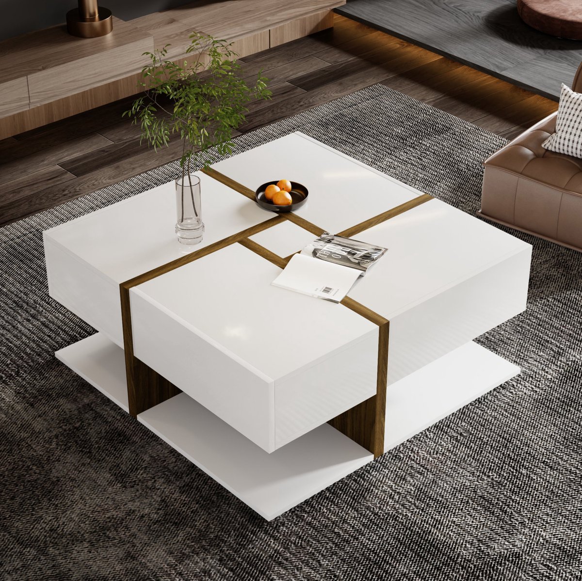 COVREO Salontafel 78 x 78 x 34,8 cm - 4 lades, onderplank, hoogglans, wit en houtkleur
