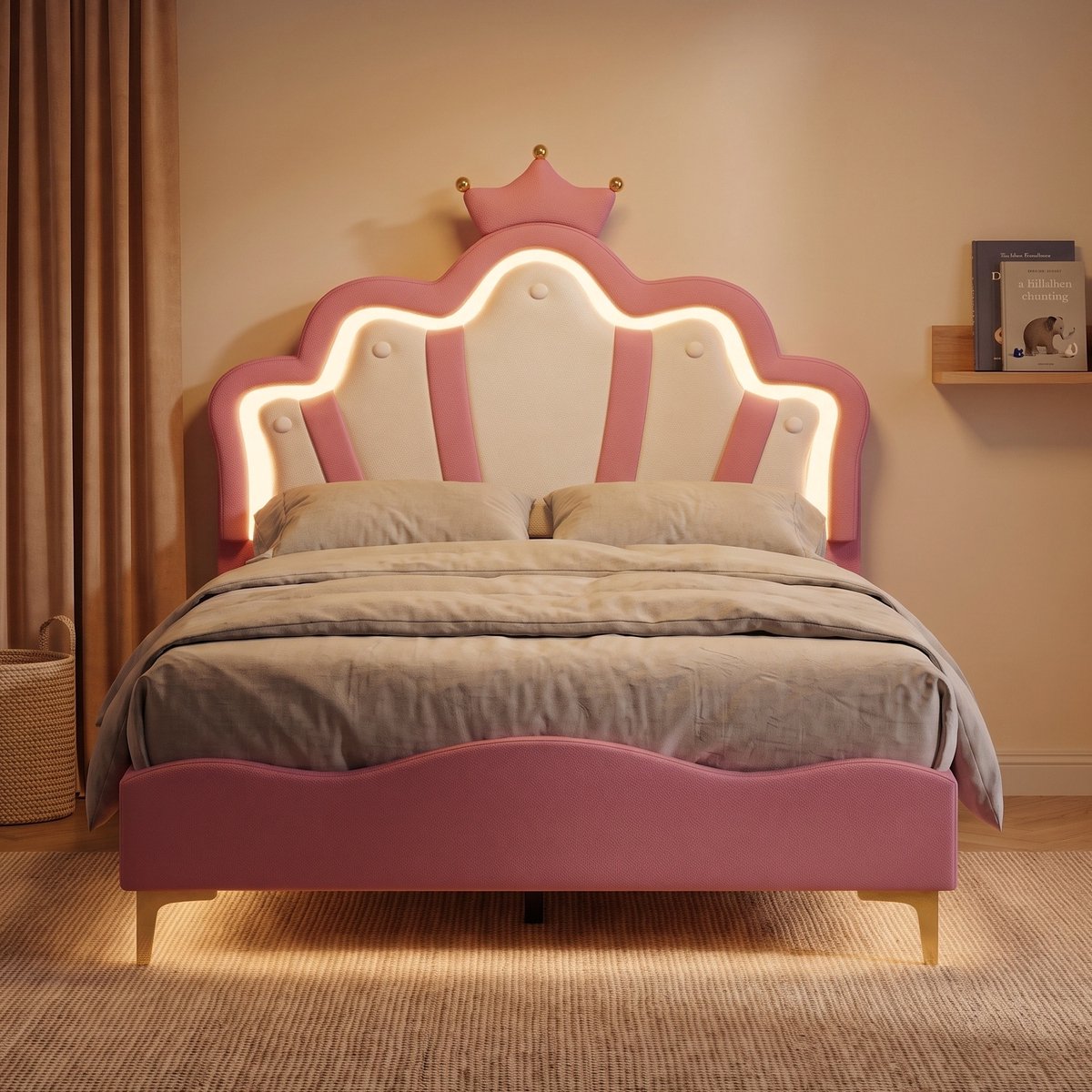 Gestoffeerd Kinderbed 140x190 cm - Tweepersoonsbed met LED en verstelbaar kroon hoofdbord - Lattenbodem - Kunstleer - Roze