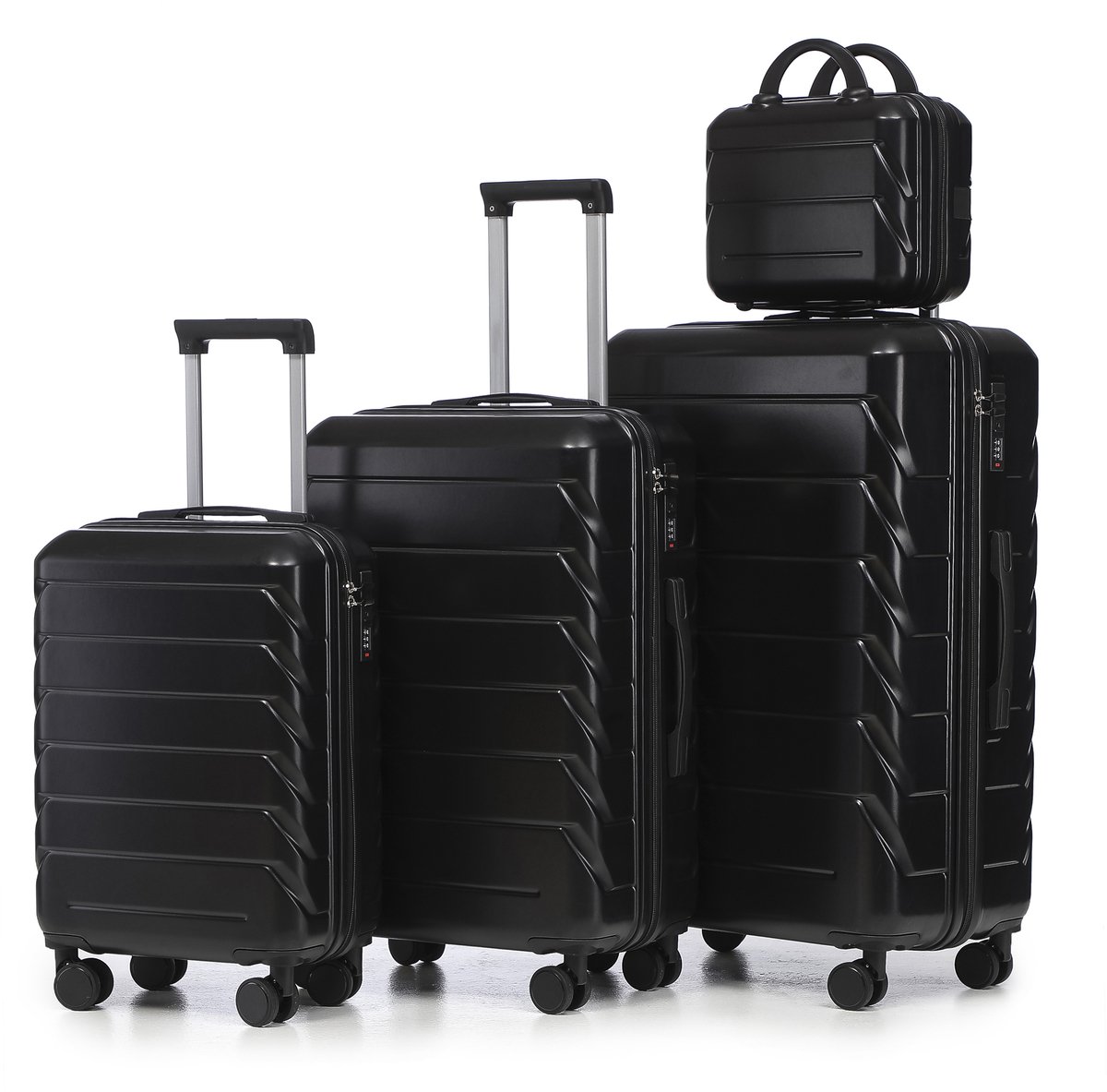 Kofferset 4 delig - Harde reiskoffer - Cijferslot - 360 graden wielen - Met beautycase - Voor gezinsvakantie - 14/19/24/28 inch - Zwart