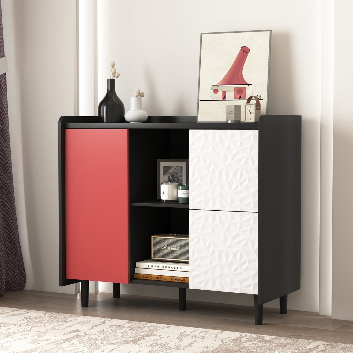 COVREO Buffetkast 90 x 40 x 80 cm - zwart en rood, 2 lades, 2 open vakken