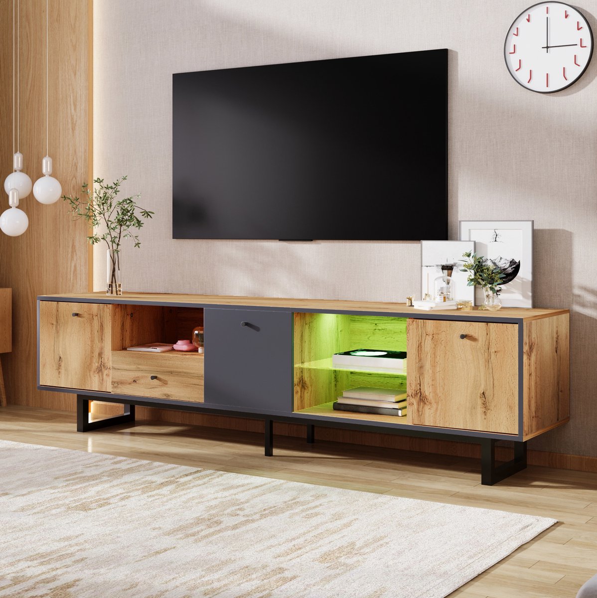 COVREO tv meubel 190x40x50 cm - 3 deuren, 1 lade, LED verlichting, houtlook en anthraciet