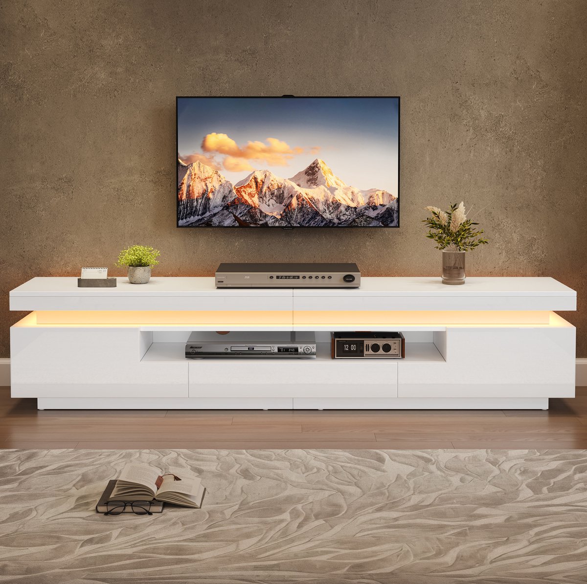 COVREO TV-meubel 175 x 38 x 45 cm - wit, met 2 kasten, 1 lade, halfopen opbergruimte en LE