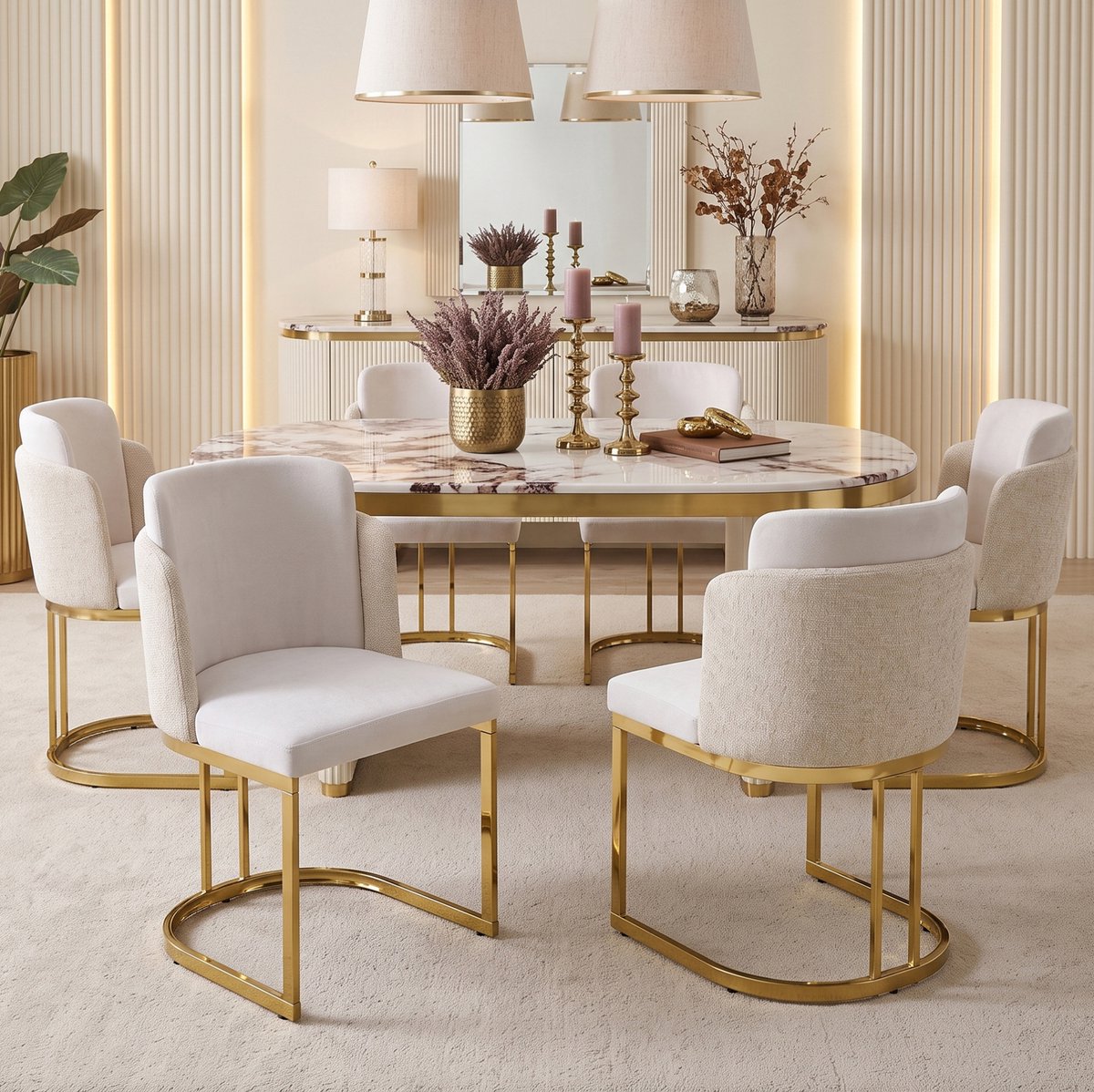 STILVORA Eetkamerstoel - Set Van 4 - Comfortabel Met Dubbele Rugleuning En Armleuningen - Voor Eetkamer, Woonkamer En Cafe - Chenille Beige Goud