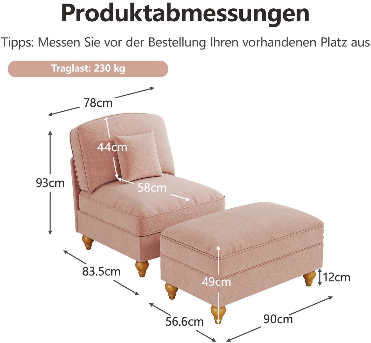 YYchan fauteuil met voetenbank - roze - 83,5 x 78 x 93 cm - voetenbank 90 x 56,6 x 49 cm