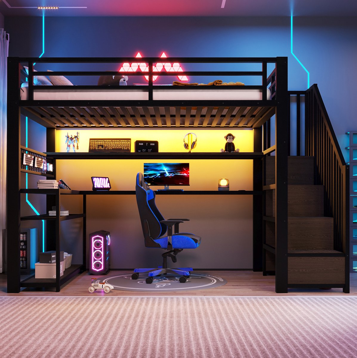 OKWISH Hoogslaper 90x200 cm - Met LED-Verlichting en Bureau - Met Kledingkast en Opbergruimte - Voor Jeugdkamer - Metaal en MDF - Zwart - Zonder Matras