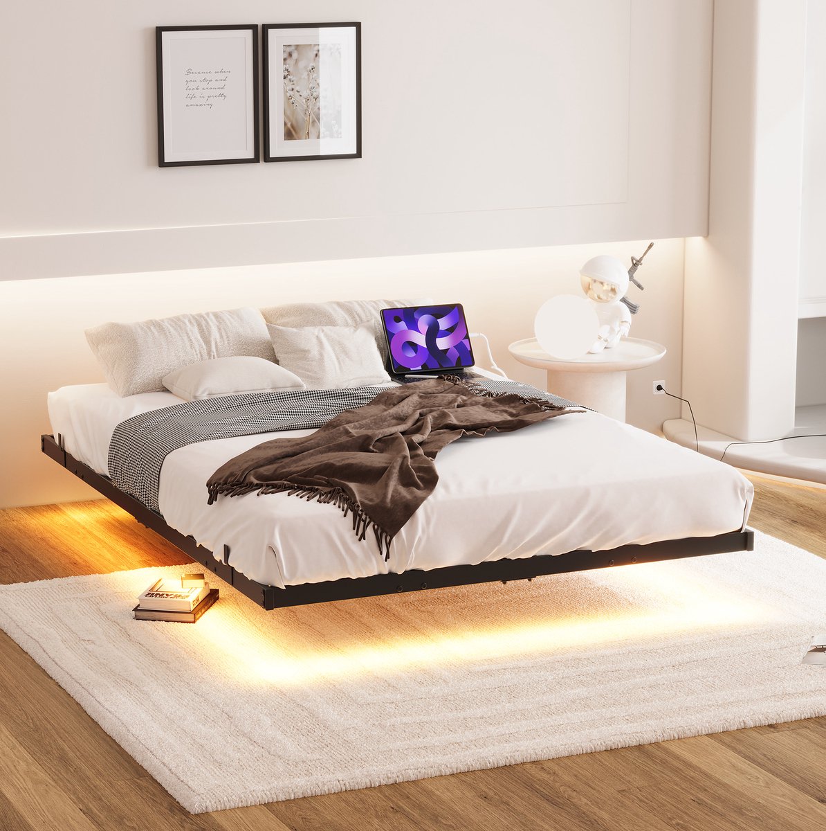 OKWISH Metalen Bed 120x200 cm - Zwevend Ontwerp Met LED Verlichting en Oplaadstation - Met Lattenbodem - Zonder Matras - Modern - Zwart