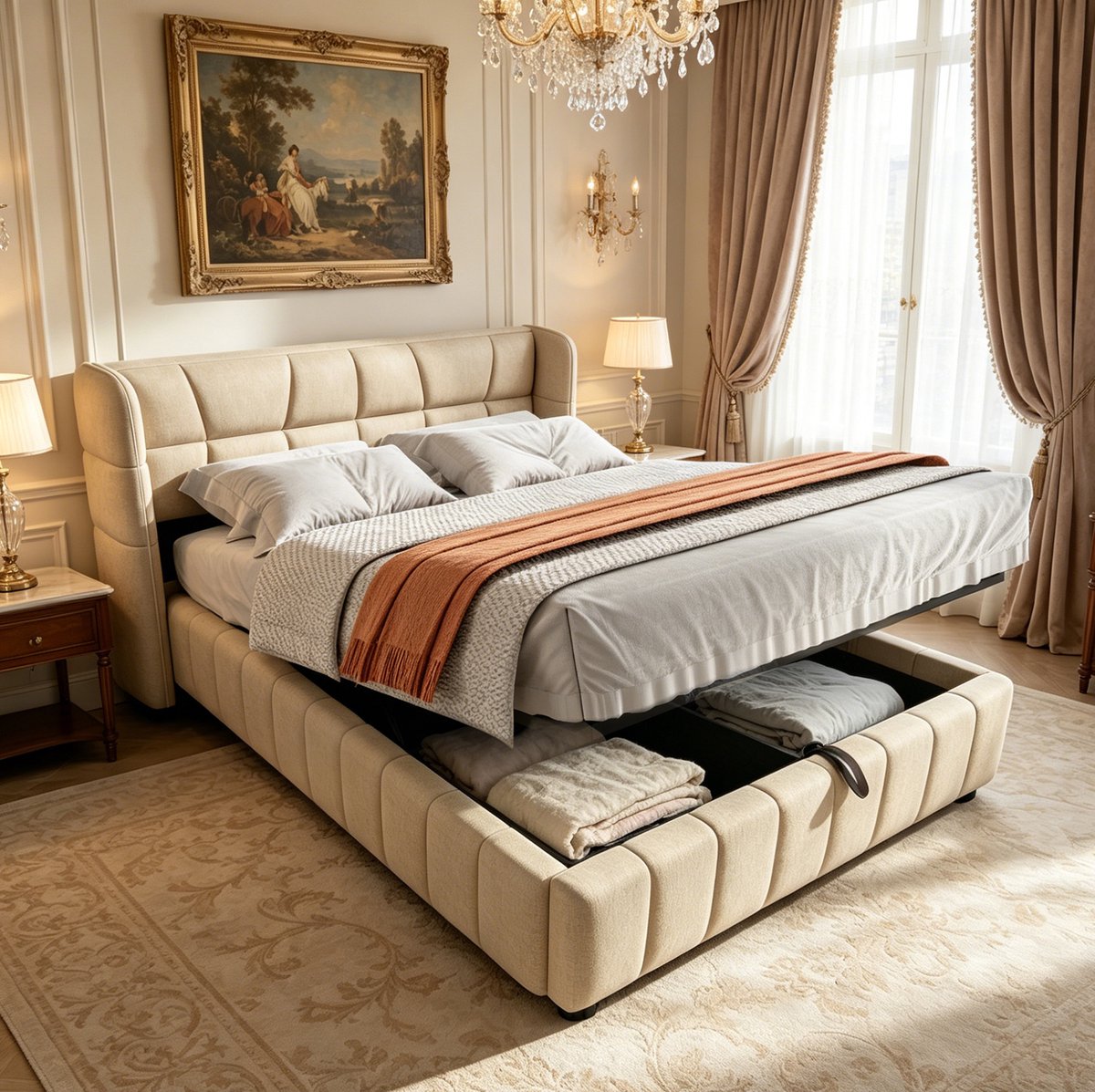 OKWISH Gestoffeerd Bed 140x200 cm - Tweepersoonsbed Met Liftbare Opbergruimte - Met Lattenbodem - Zonder Matras - Stof - Beige