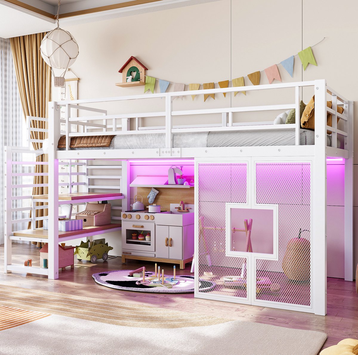 OKWISH Hoogslaper 90x200 cm - Met Trap En Opbergruimte - Met LED Verlichting En Vensters - Eenpersoonsbed Zonder Matras - Metaal En MDF - Wit
