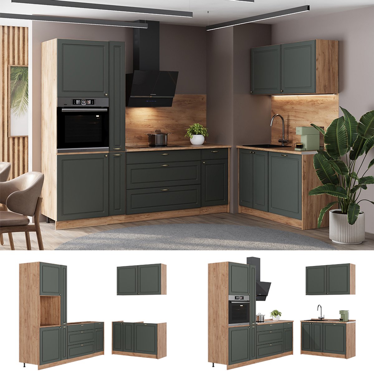 Vicco Keuken Fame-Line, Groen-Goud Landhuis/Goudkleurig Eiken, 220 x 120 cm, WB Antraciet