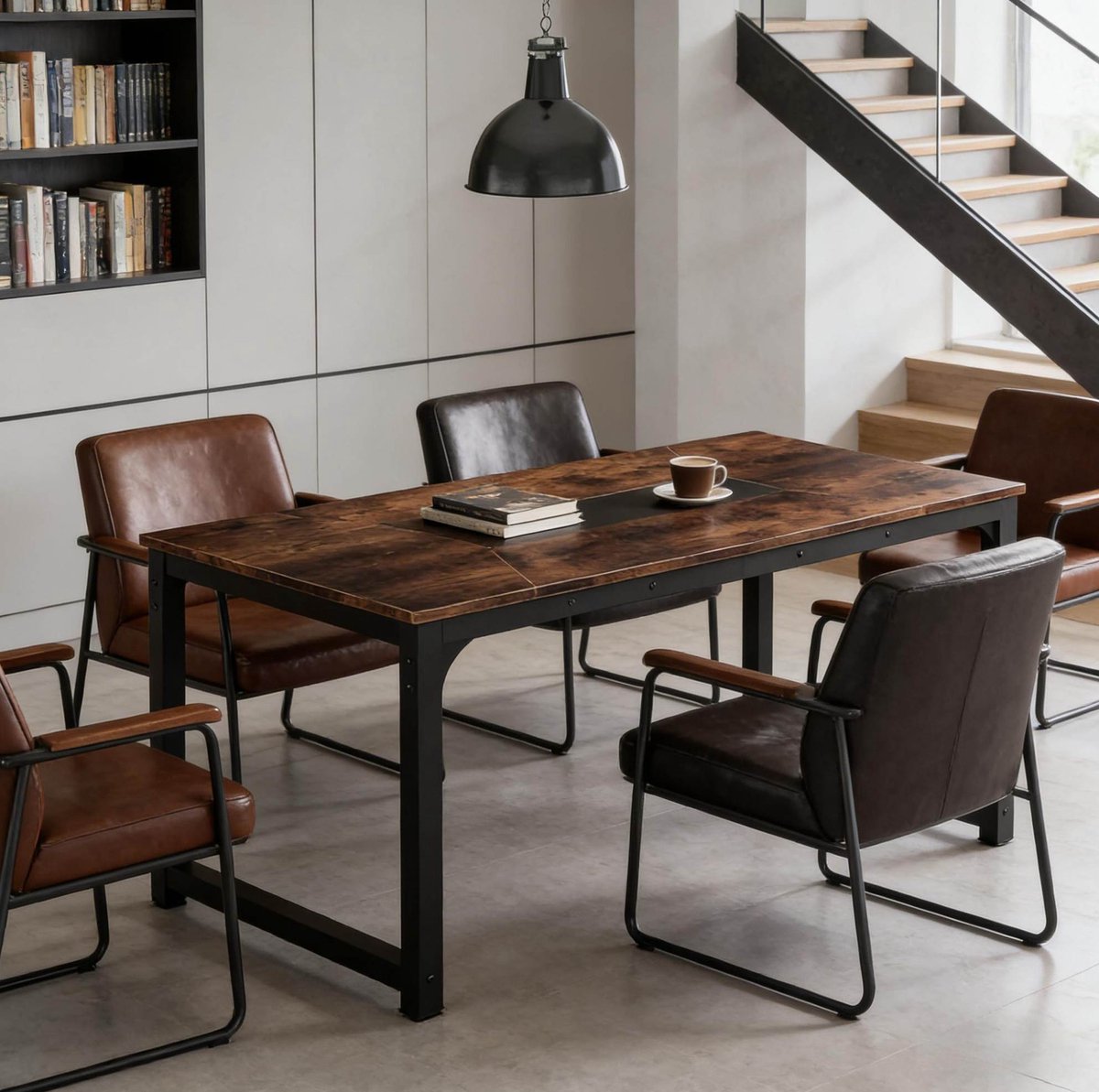 OKWISH Eettafel - Rechthoekig Industrieel Design - 180 x 90 x 77 cm - Voor 6-8 Personen - Multifunctioneel - Metaal en Hout - Zwart Rustiek Bruin