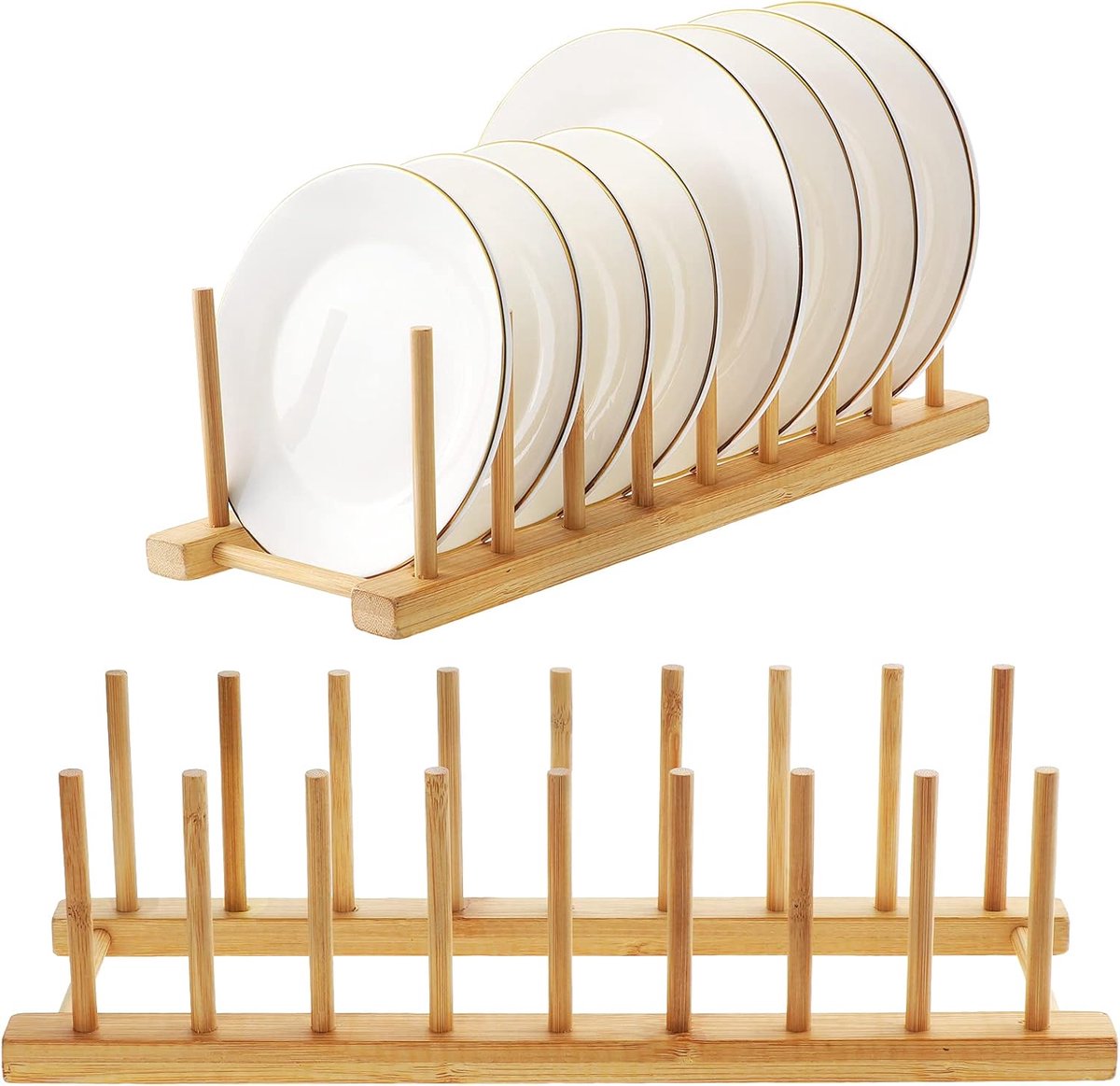 Thijox - 2 Stuks Bamboe Afdruiprek, Bamboe Plaat Rack Stand voor Keuken, Opslag voor Servies, Potten, Deksels, CD's en Wijnglazen, Eco-vriendelijk en