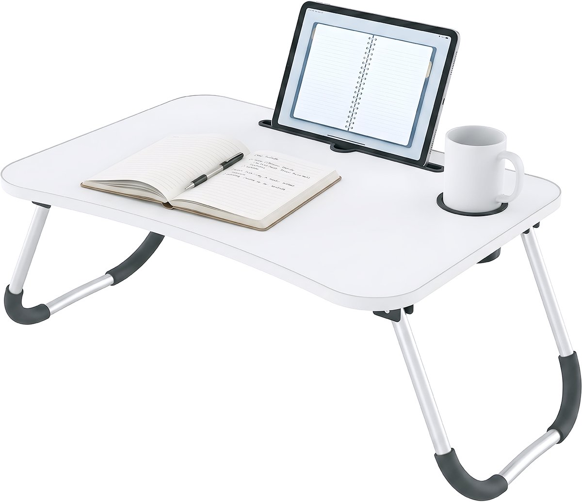 AIMASON Laptoptafel Bed 60x40cm Inklapbaar Wit – Schoottafel Bedtafel Bedbureau met Bekerhouder & Tablethouder – Opvouwbaar MDF Laptop Stand Bureau – Ontbijtdienblad Bank Sofa – Thuiswerken Studeren Lezen Schrijven – W-poten Antislip