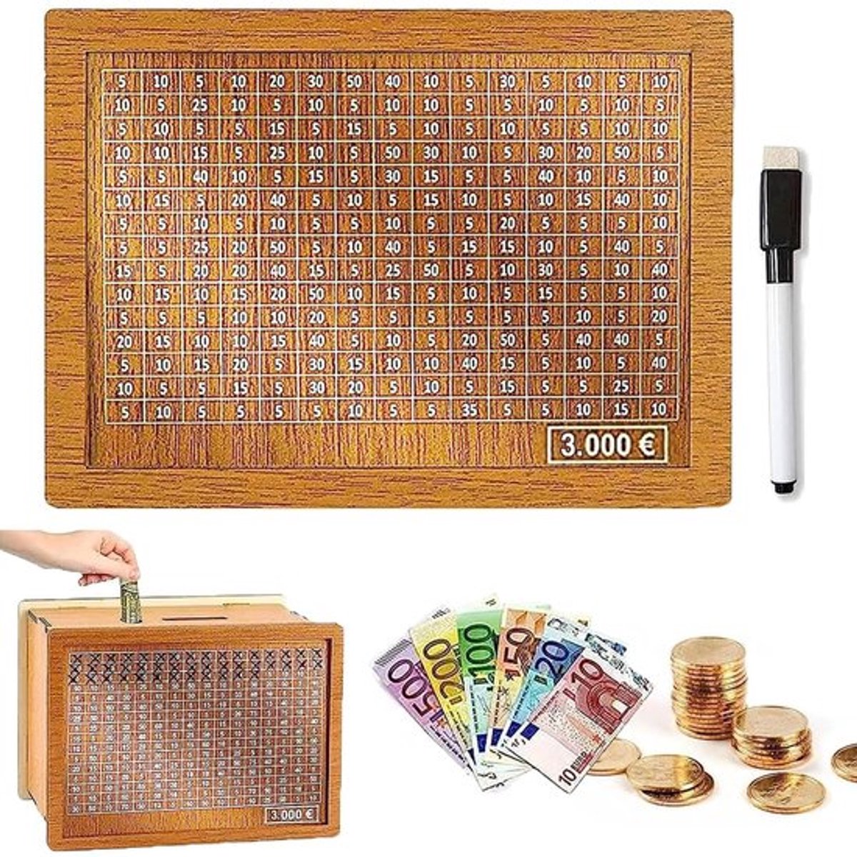 Dailygoods- Spaarpot met Teller - Houten Spaarpot - Herbruikbaar - Decoratie - 3000