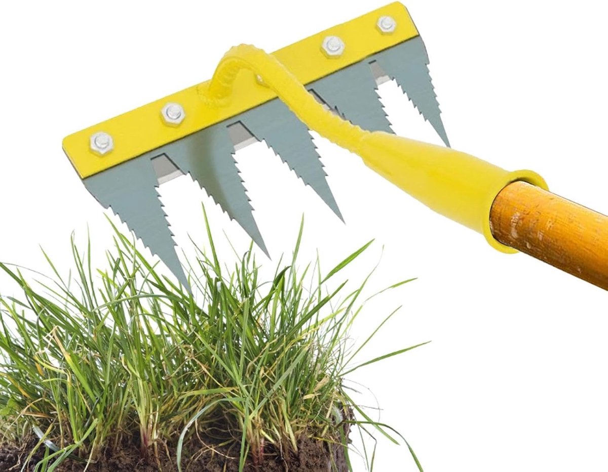 Gazonhark - Tuinhark Planner - Bodem Losmaken - Roestwerende Coating - 5 Tanden - Geel Zilver