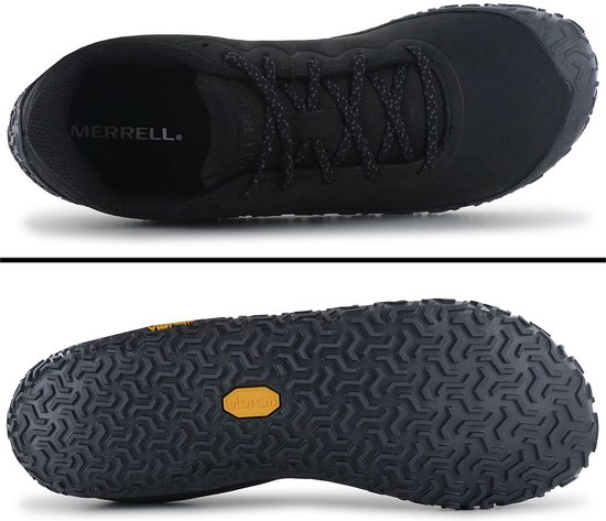 Boven- en onderaanzicht van een zwarte Merrell Vapo Glove 6 LTR schoen.