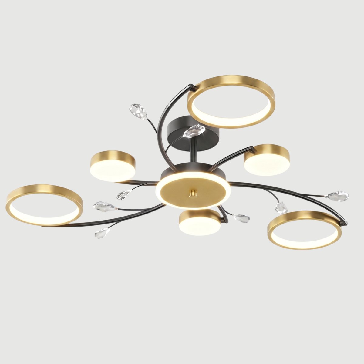 Sentara Plafondlamp – Kristal LED Plafonnière – Dimbaar – Instelbare Lichtkleur – Met Afstandsbediening – Woonkamer & Slaapkamer – Goud Zwart – 6 Lichtpunten – Ø85 cm