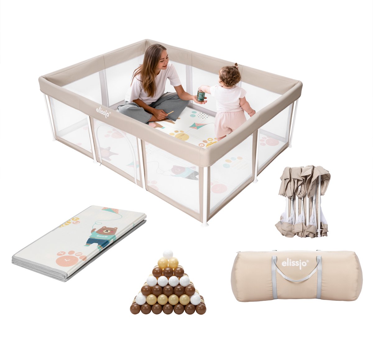 Elissio® - Grondbox Baby - Inklapbare Speelbox met Dubbelzijdige Speelmat & 50 Ballen - Kruipbox - Kinderbox - Playpen Baby - 180x120 CM - Beige