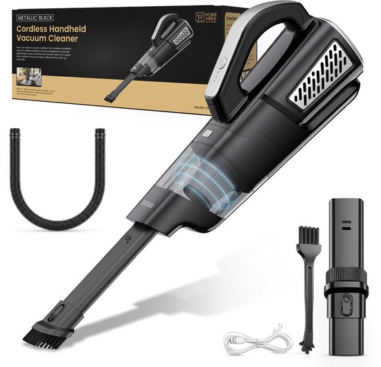 Zwarte snoerloze handstofzuiger met slang, borstel en USB-C kabel. Text: "Metallic Black Cordless Handheld Vacuum Cleaner".