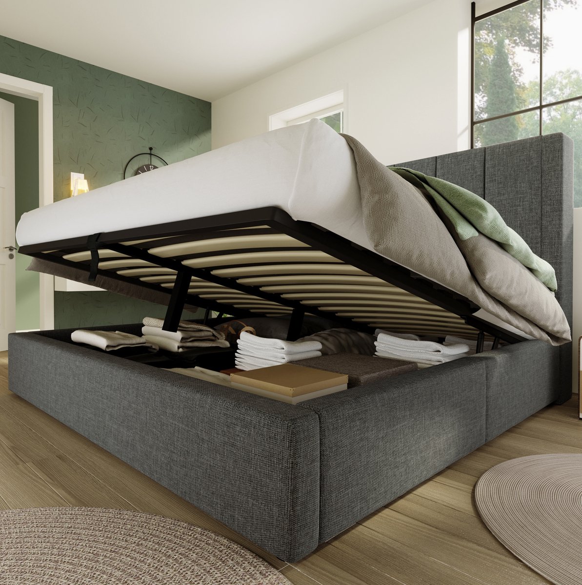 MEUNIQ Polsterbed 140 x 190 cm met hydraulische opbergruimte, verborgen bekerhouder en laadstation, lattenbodem, grijs, voor slaapkamer