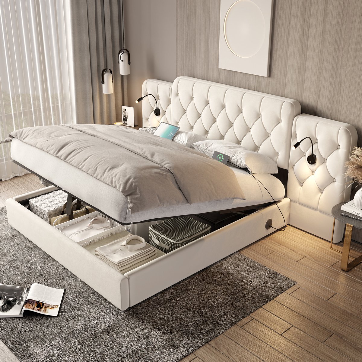 MEUNIQ bedframe 160 x 200 cm met verlengd hoofdbord, USB-aansluitingen, leeslampen, hydrau