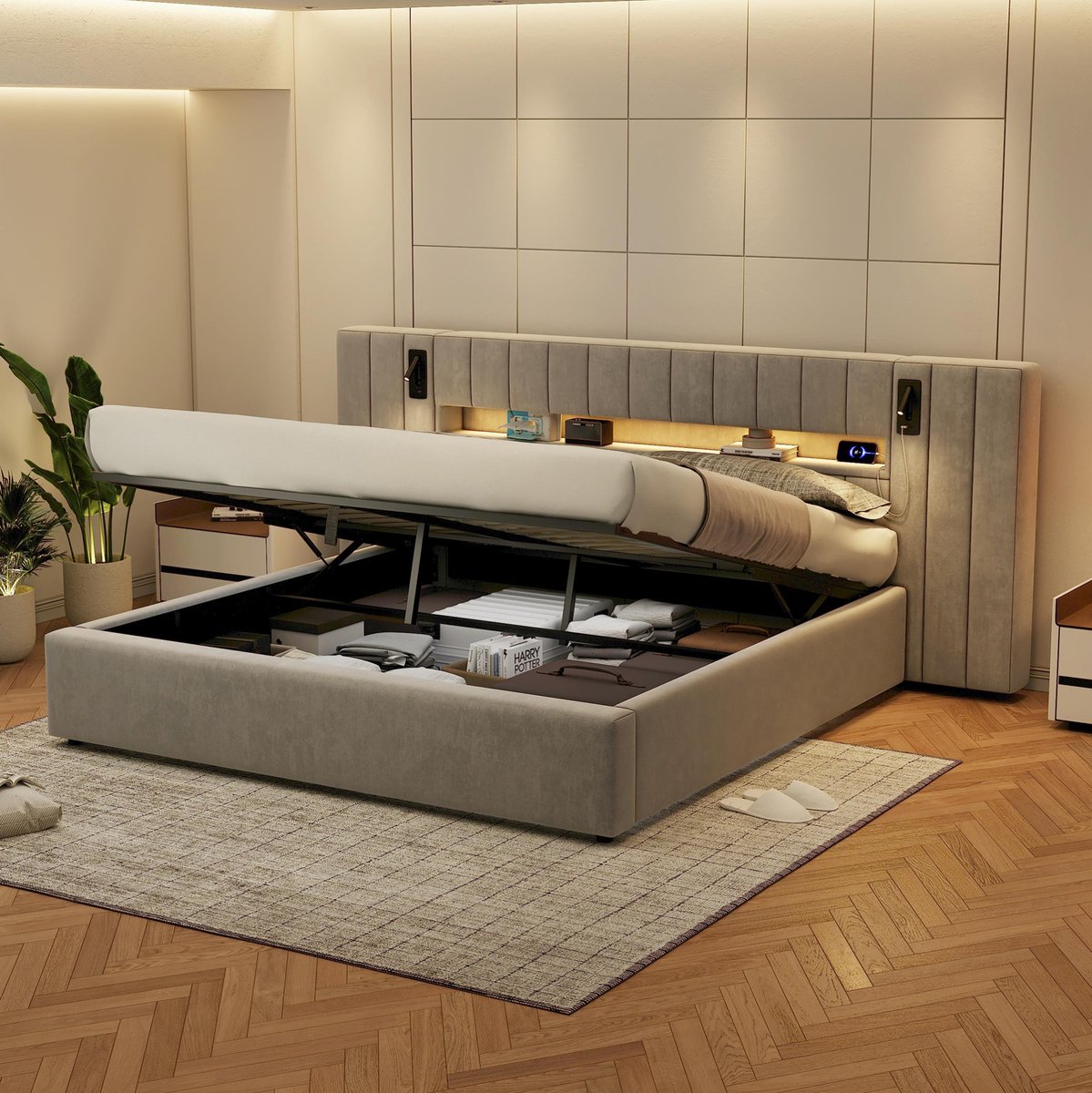 MEUNIQ tweepersoons bedframe 180 x 200 cm met opbergruimte, LED-verlichting, USB-A en USB-C, gestoffeerd fluwelen bed voor slaapkamer, grijs