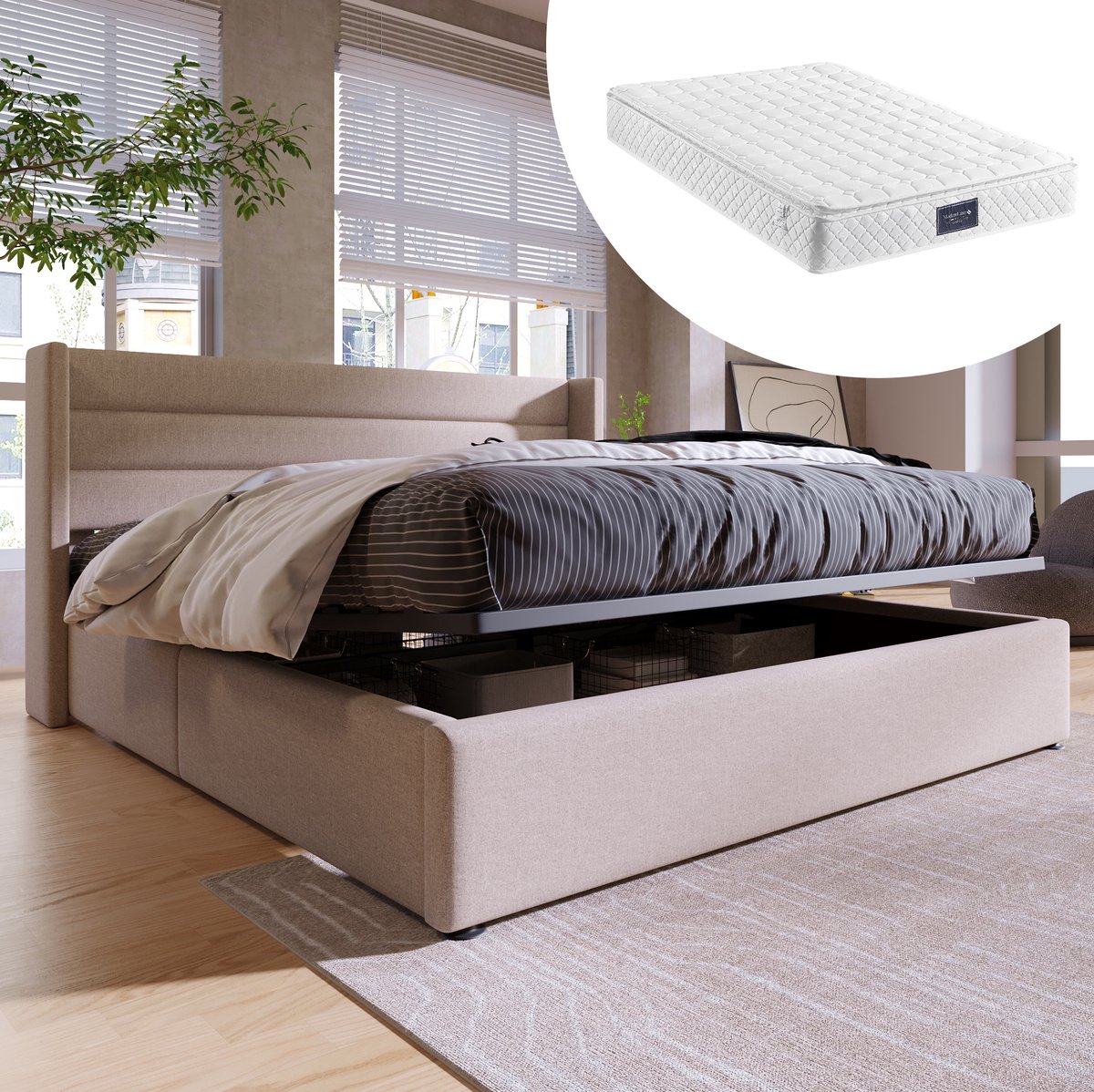 MEUNIQ opbergbed 140 x 200 cm tweepersoons bed met hydraulische opbergruimte, gestoffeerd hoofdbord, lattenbodem en metalen frame voor slaapkamer, beige