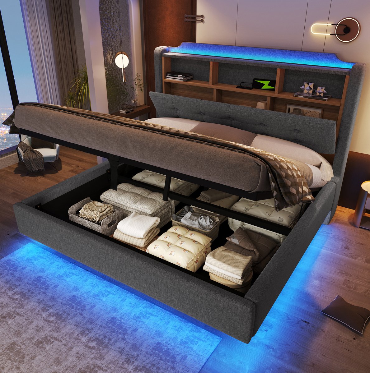 MEUNIQ gestoffeerd bed 140x200 cm met hydraulische opbergruimte, LED-lichtstrip, USB en Type-C, opklapbaar hoofdbord, zwevend design, grijs