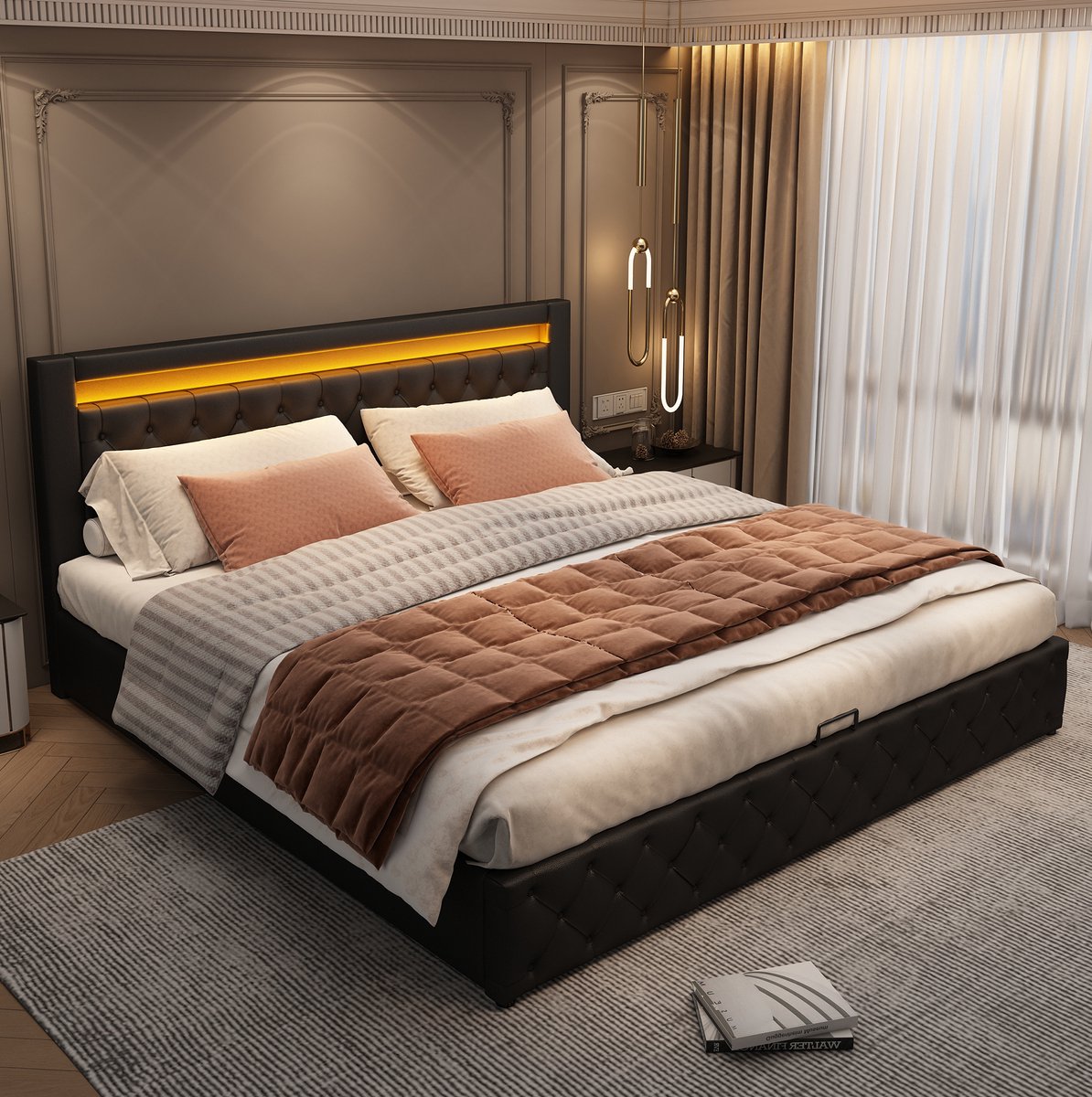 MEUNIQ Polsterbed 180 x 200 cm met lattenbodem, opbergruimte en LED-verlichting, tweepersoons bedframe voor slaapkamer of logeerkamer, zwart kunstleer