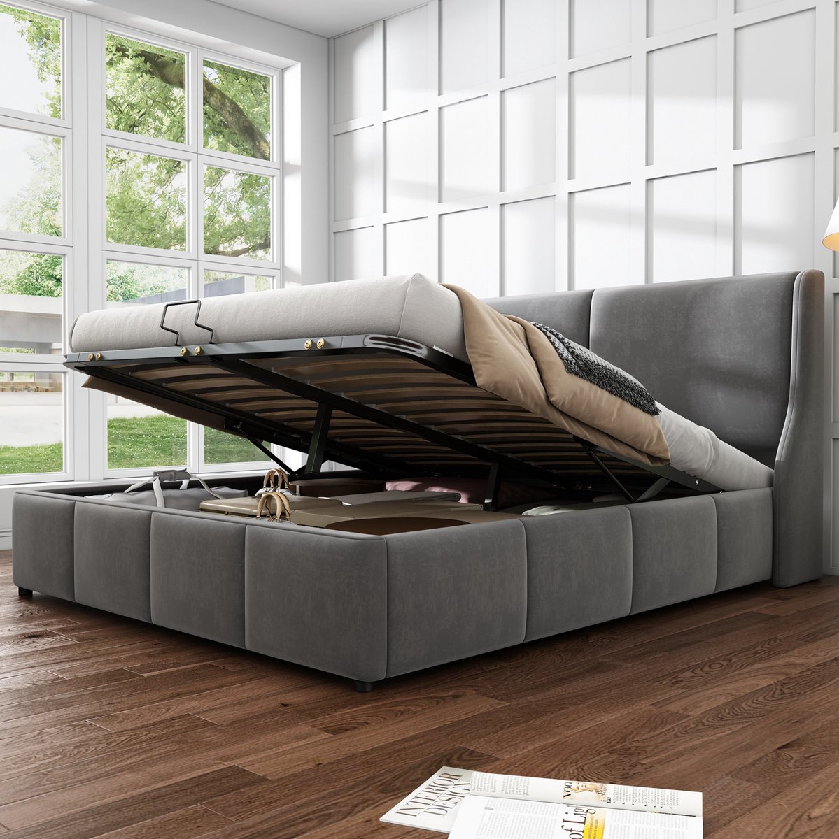MEUNIQ gestoffeerd bed 140x200 cm met hydraulische opbergruimte en lattenbodem, tweepersoons bedframe met hoog hoofdbord voor slaapkamer of logeerkamer, grijs