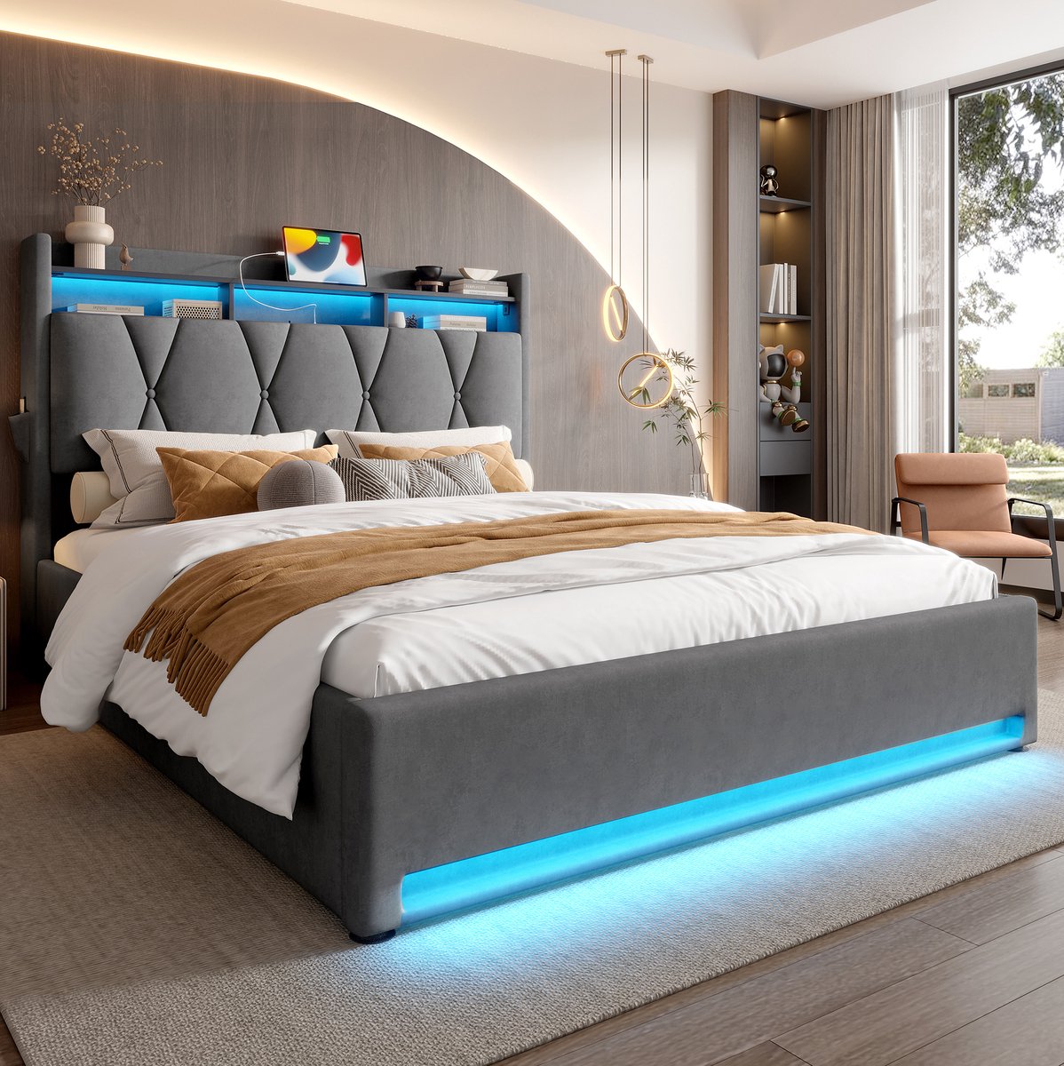 MEUNIQ bedframe 140x200 cm met LED-verlichting, USB-C en USB, opbergruimte onder bed en hoofdbord, lattenbodem, tweepersoonsbed voor slaapkamer, grijs Donkergrijs