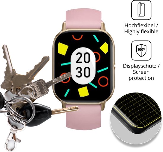 Gouden smartwatch met roze band, wijzerplaat met kleurrijke geometrische figuren, beschermhoesjes en sleutelbos.