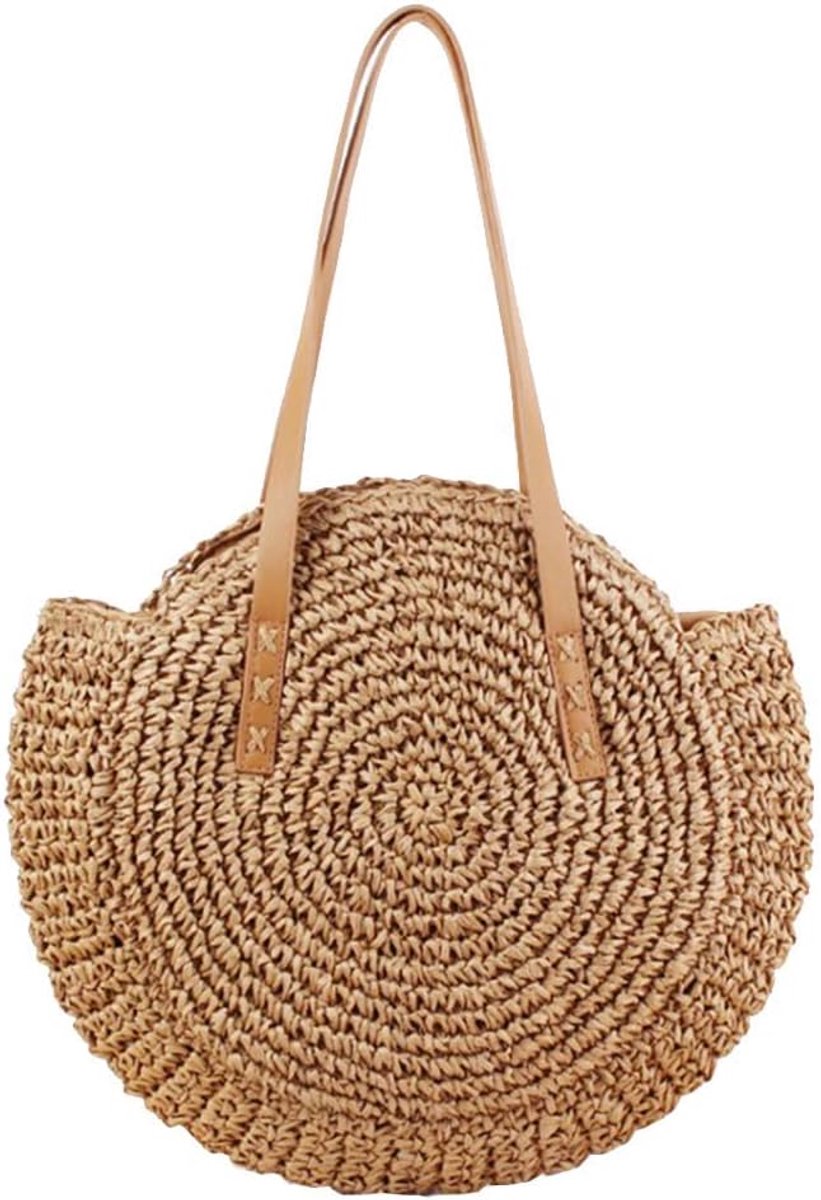 Ronde Stro Tas - Schoudertas Zomer - Strand Bezoek - 100% Handgemaakt - 41 cm Breed - Bruin