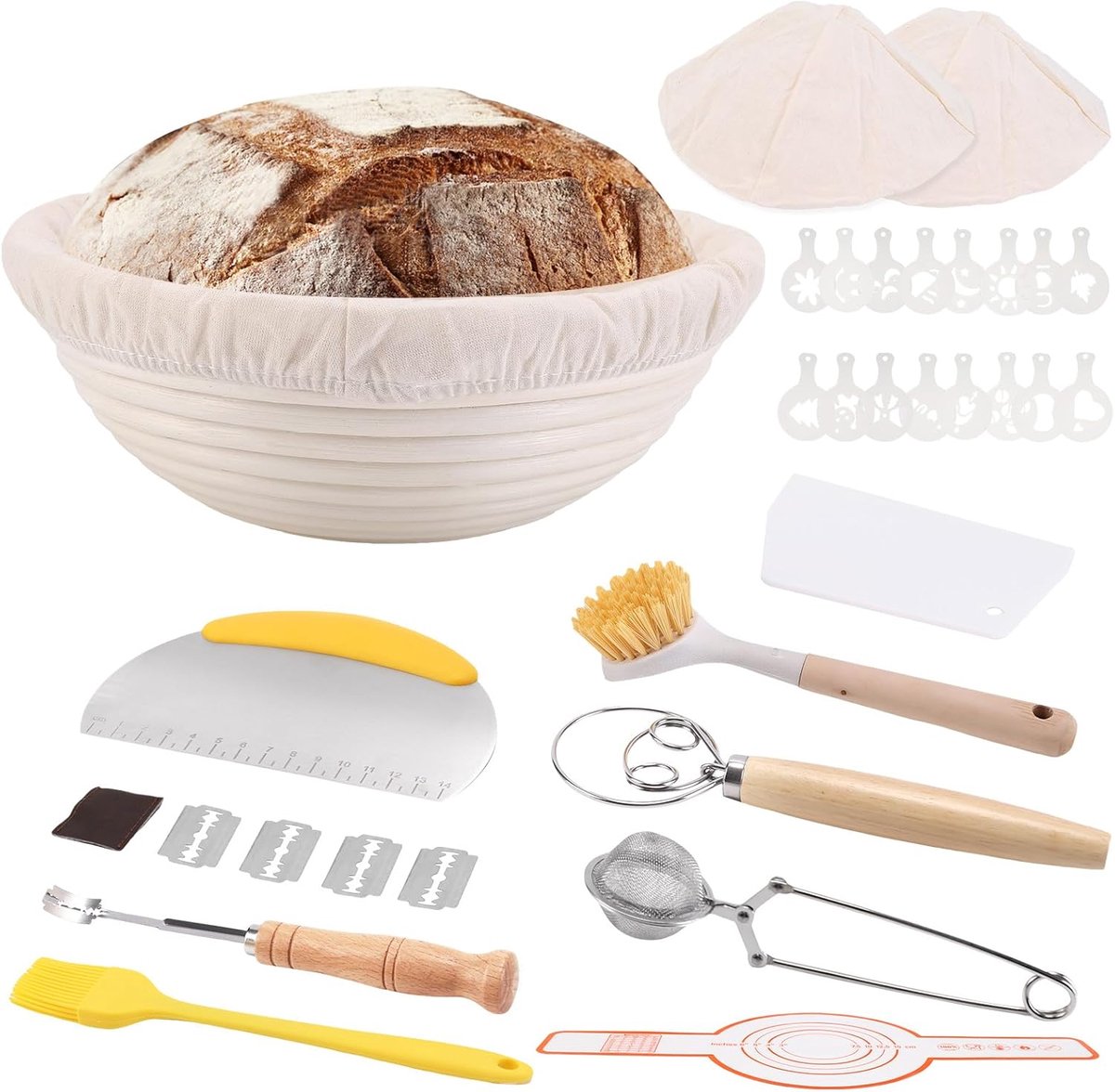 Rijsmand Set - Brood Mand - Brood Bakken - Complete 33-delige set - 25 cm Rond - Natuurlijk