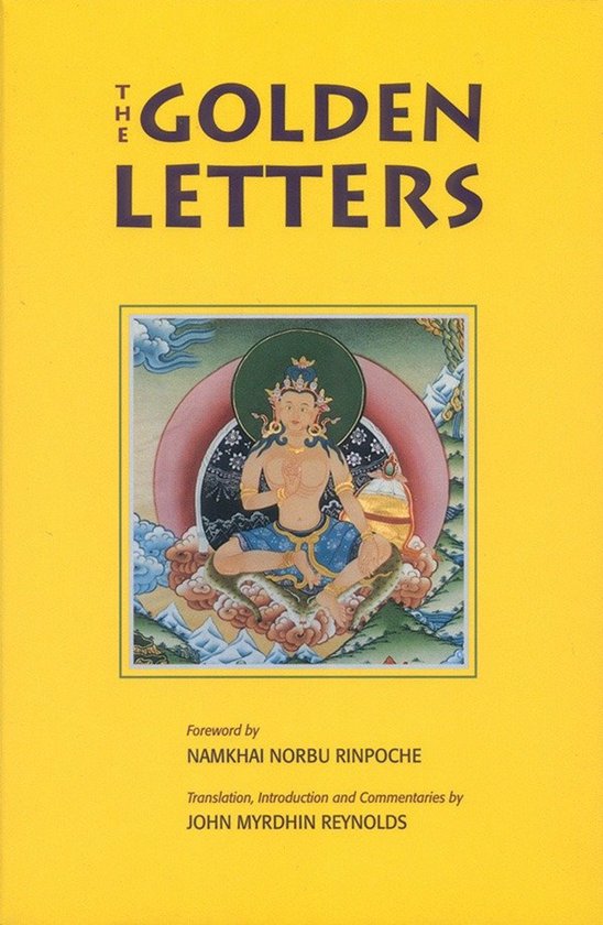 Boek "The Golden Letters" met een Thangka-schildering van een Boeddhistische figuur, zittend op een wolk.
